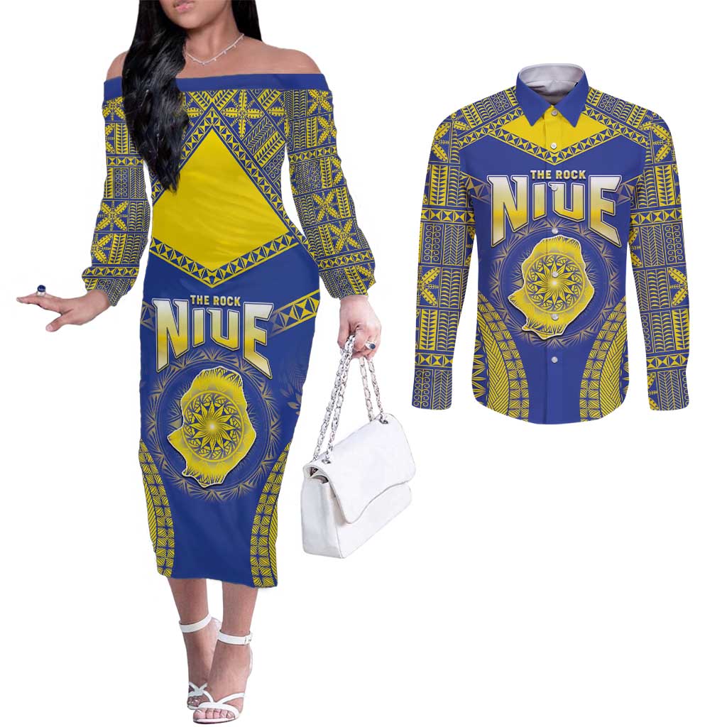 Personalised Niue The Rock Of Polynesia Couples Matching Off The Shoulder Long Sleeve Dress and Long Sleeve Button Shirt Peniamina Gospel Day Blue Version LT05 Blue - Polynesian Pride