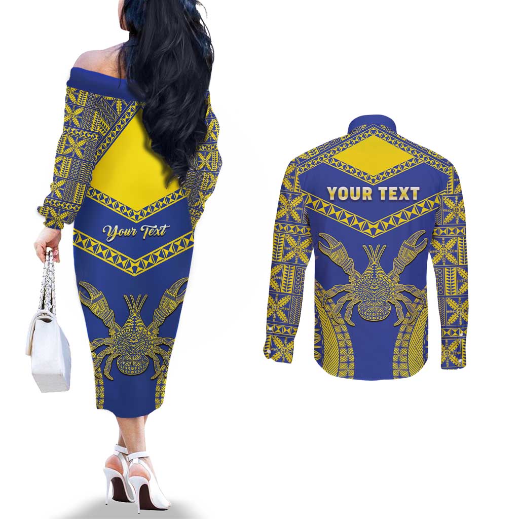 Personalised Niue The Rock Of Polynesia Couples Matching Off The Shoulder Long Sleeve Dress and Long Sleeve Button Shirt Peniamina Gospel Day Blue Version LT05 - Polynesian Pride