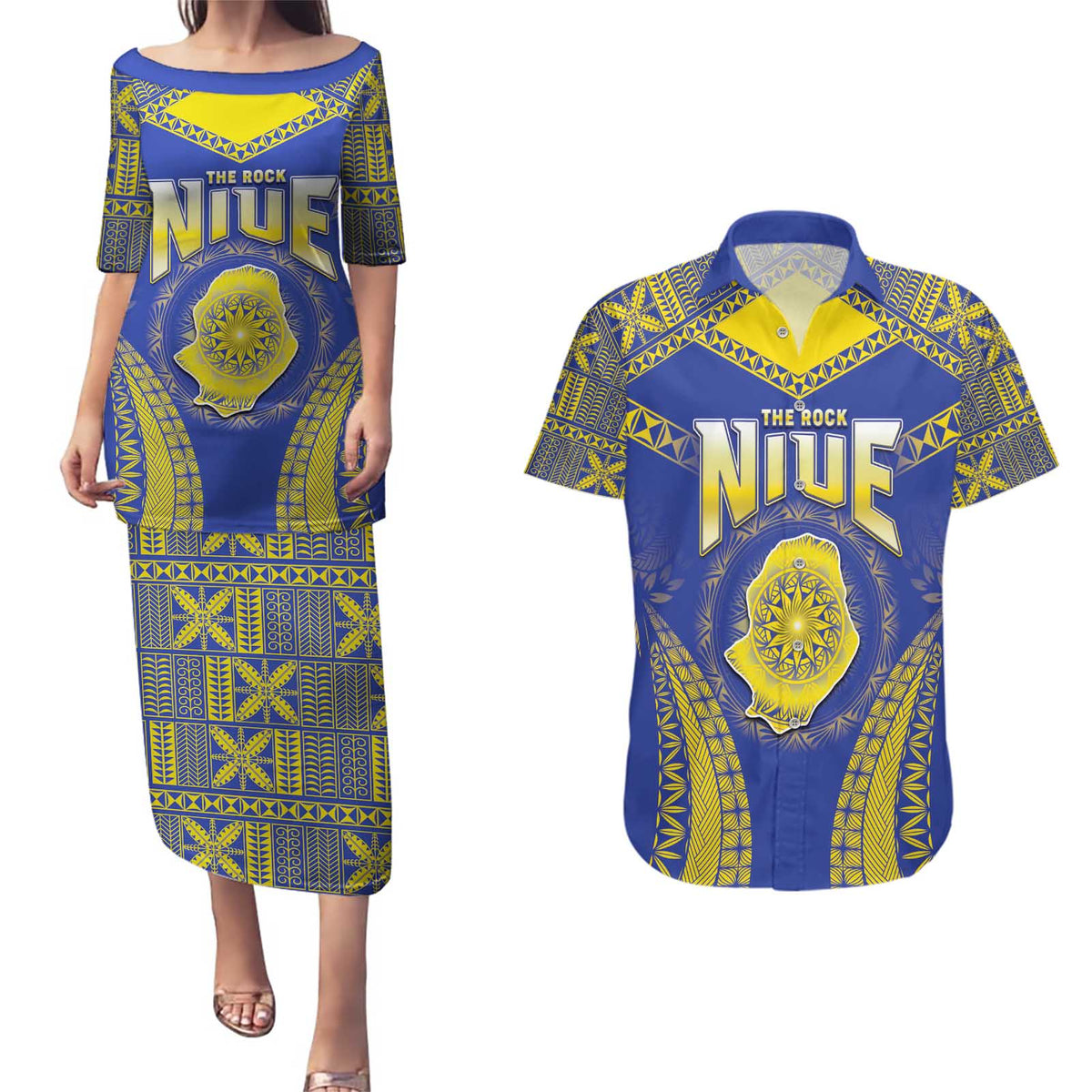 Personalised Niue The Rock Of Polynesia Couples Matching Puletasi and Hawaiian Shirt Peniamina Gospel Day Blue Version LT05 Blue - Polynesian Pride