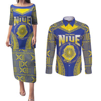 Personalised Niue The Rock Of Polynesia Couples Matching Puletasi and Long Sleeve Button Shirt Peniamina Gospel Day Blue Version LT05 Blue - Polynesian Pride