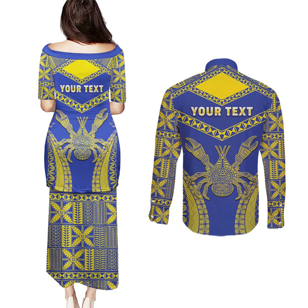 Personalised Niue The Rock Of Polynesia Couples Matching Puletasi and Long Sleeve Button Shirt Peniamina Gospel Day Blue Version LT05 - Polynesian Pride