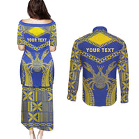 Personalised Niue The Rock Of Polynesia Couples Matching Puletasi and Long Sleeve Button Shirt Peniamina Gospel Day Blue Version LT05 - Polynesian Pride