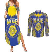 Personalised Niue The Rock Of Polynesia Couples Matching Summer Maxi Dress and Long Sleeve Button Shirt Peniamina Gospel Day Blue Version LT05 Blue - Polynesian Pride
