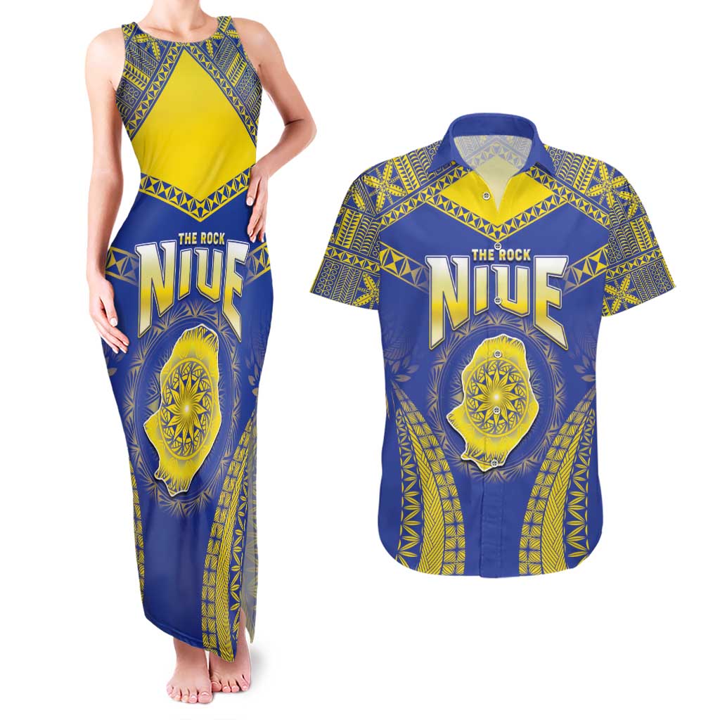 Personalised Niue The Rock Of Polynesia Couples Matching Tank Maxi Dress and Hawaiian Shirt Peniamina Gospel Day Blue Version LT05 Blue - Polynesian Pride