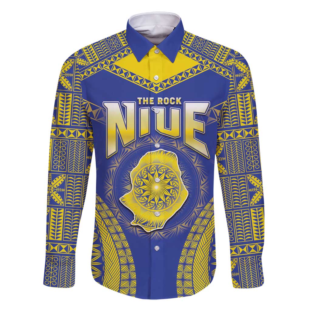 Personalised Niue The Rock Of Polynesia Family Matching Long Sleeve Bodycon Dress and Hawaiian Shirt Peniamina Gospel Day Blue Version LT05 Dad's Shirt - Long Sleeve Blue - Polynesian Pride