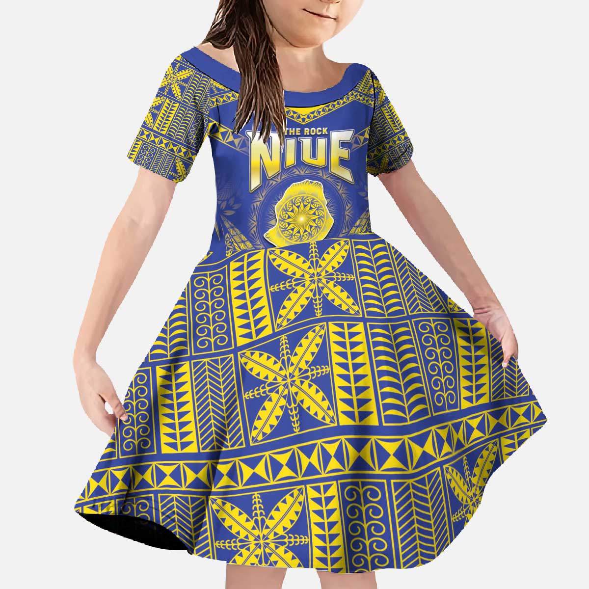 Personalised Niue The Rock Of Polynesia Family Matching Off The Shoulder Long Sleeve Dress and Hawaiian Shirt Peniamina Gospel Day Blue Version LT05 Daughter's Dress Blue - Polynesian Pride