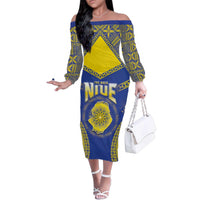 Personalised Niue The Rock Of Polynesia Family Matching Off The Shoulder Long Sleeve Dress and Hawaiian Shirt Peniamina Gospel Day Blue Version LT05 Mom's Dress Blue - Polynesian Pride
