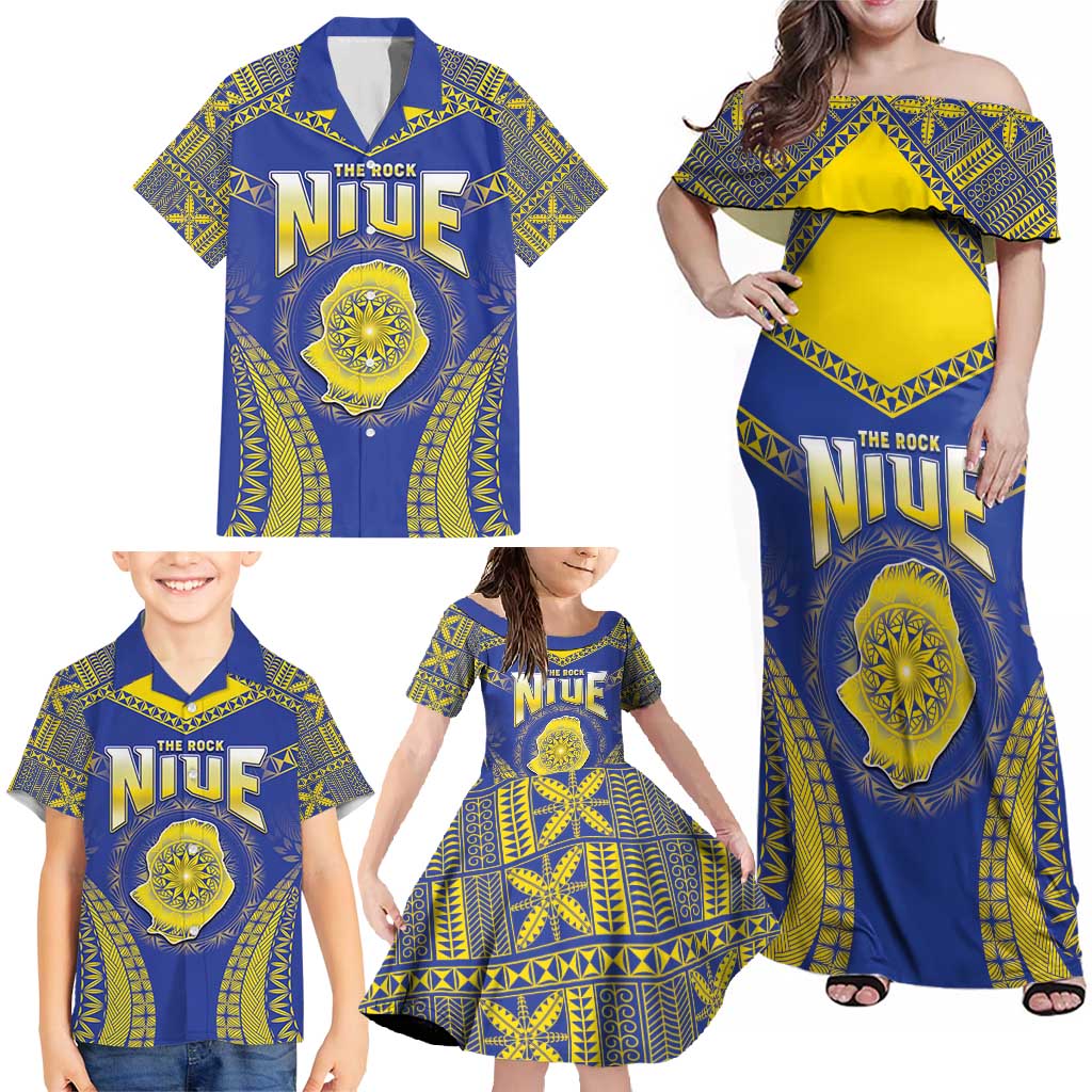 Personalised Niue The Rock Of Polynesia Family Matching Off Shoulder Maxi Dress and Hawaiian Shirt Peniamina Gospel Day Blue Version LT05 - Polynesian Pride