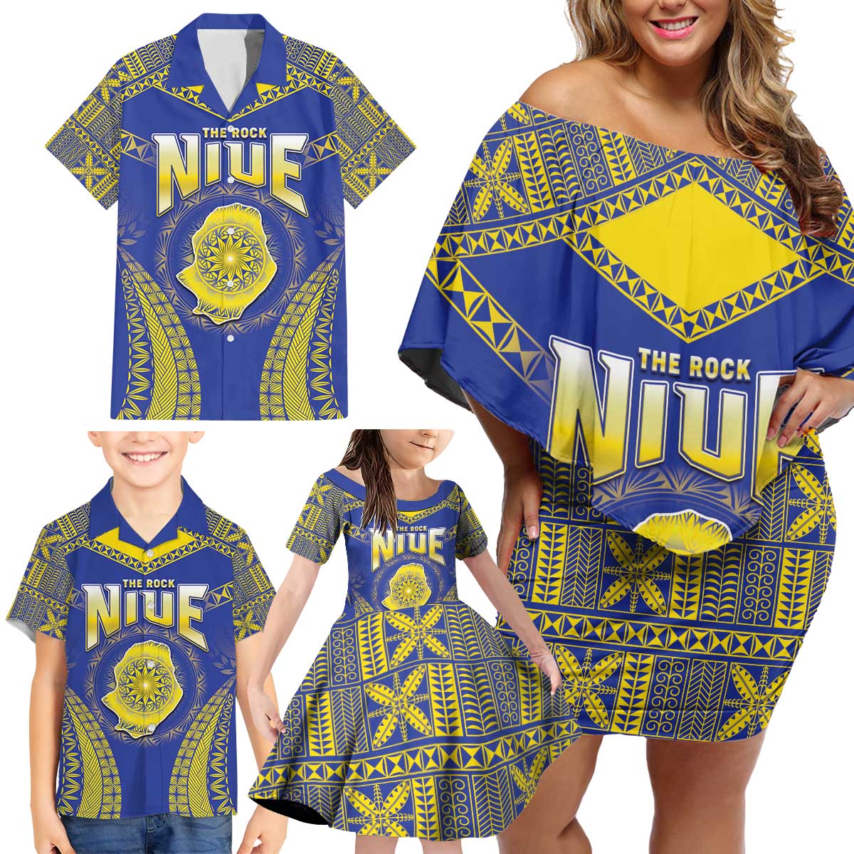 Personalised Niue The Rock Of Polynesia Family Matching Off Shoulder Short Dress and Hawaiian Shirt Peniamina Gospel Day Blue Version LT05 - Polynesian Pride