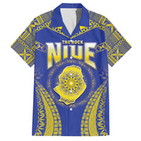 Personalised Niue The Rock Of Polynesia Family Matching Off Shoulder Short Dress and Hawaiian Shirt Peniamina Gospel Day Blue Version LT05 Dad's Shirt - Short Sleeve Blue - Polynesian Pride