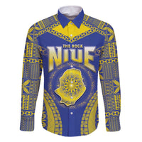 Personalised Niue The Rock Of Polynesia Family Matching Off Shoulder Short Dress and Hawaiian Shirt Peniamina Gospel Day Blue Version LT05 Dad's Shirt - Long Sleeve Blue - Polynesian Pride