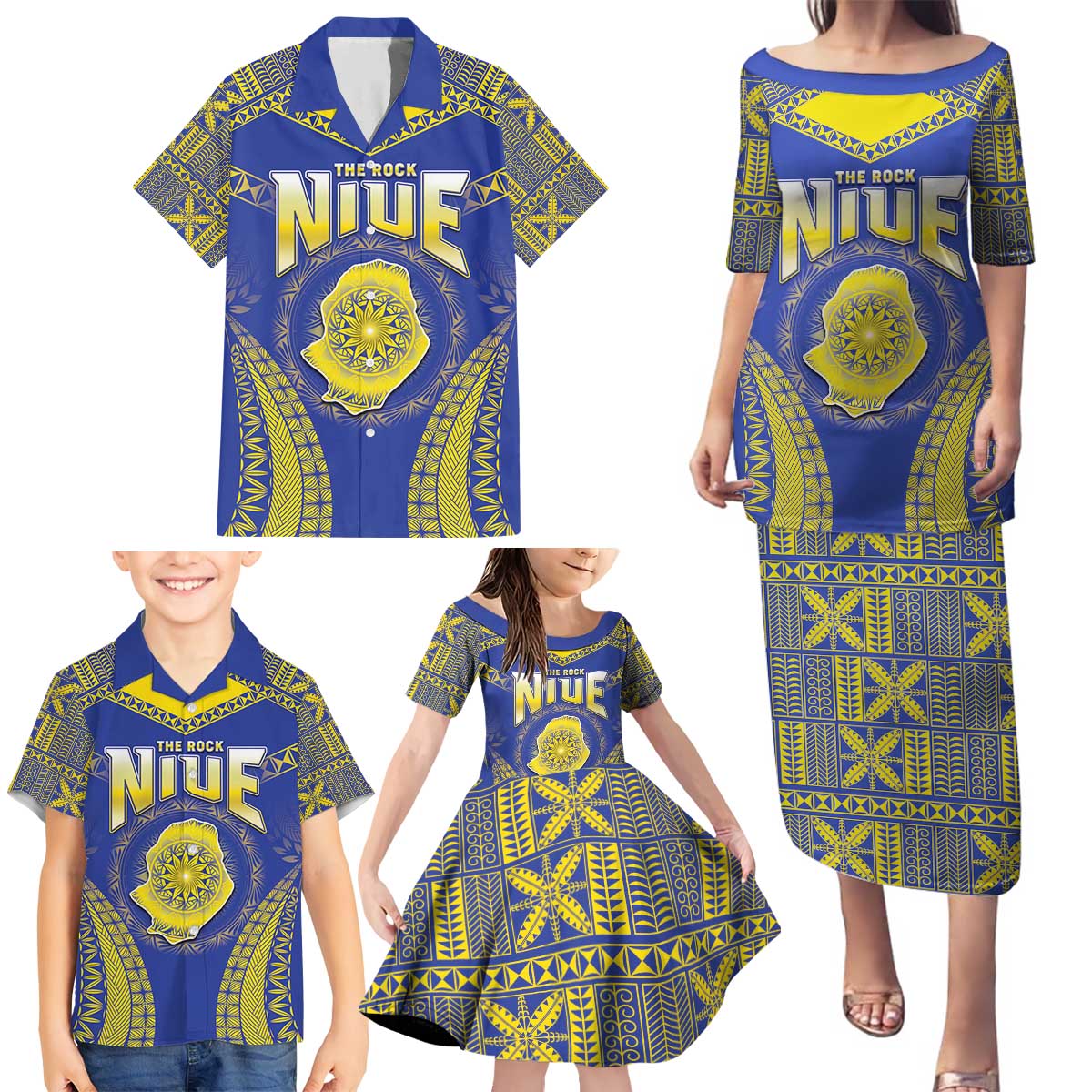 Personalised Niue The Rock Of Polynesia Family Matching Puletasi and Hawaiian Shirt Peniamina Gospel Day Blue Version LT05 - Polynesian Pride