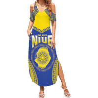 Personalised Niue The Rock Of Polynesia Family Matching Summer Maxi Dress and Hawaiian Shirt Peniamina Gospel Day Blue Version LT05 Mom's Dress Blue - Polynesian Pride
