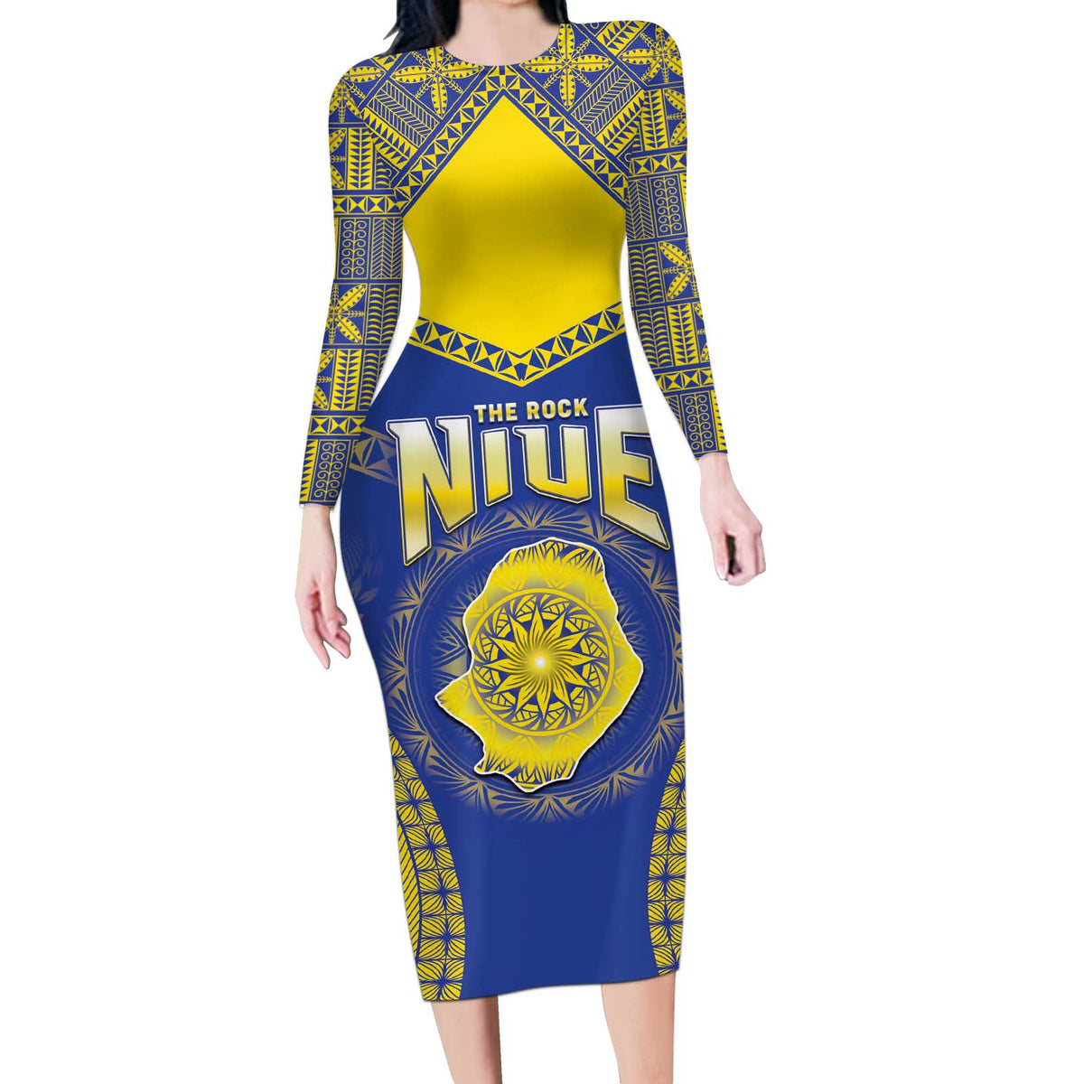 Personalised Niue The Rock Of Polynesia Long Sleeve Bodycon Dress Peniamina Gospel Day Blue Version LT05 Long Dress Blue - Polynesian Pride