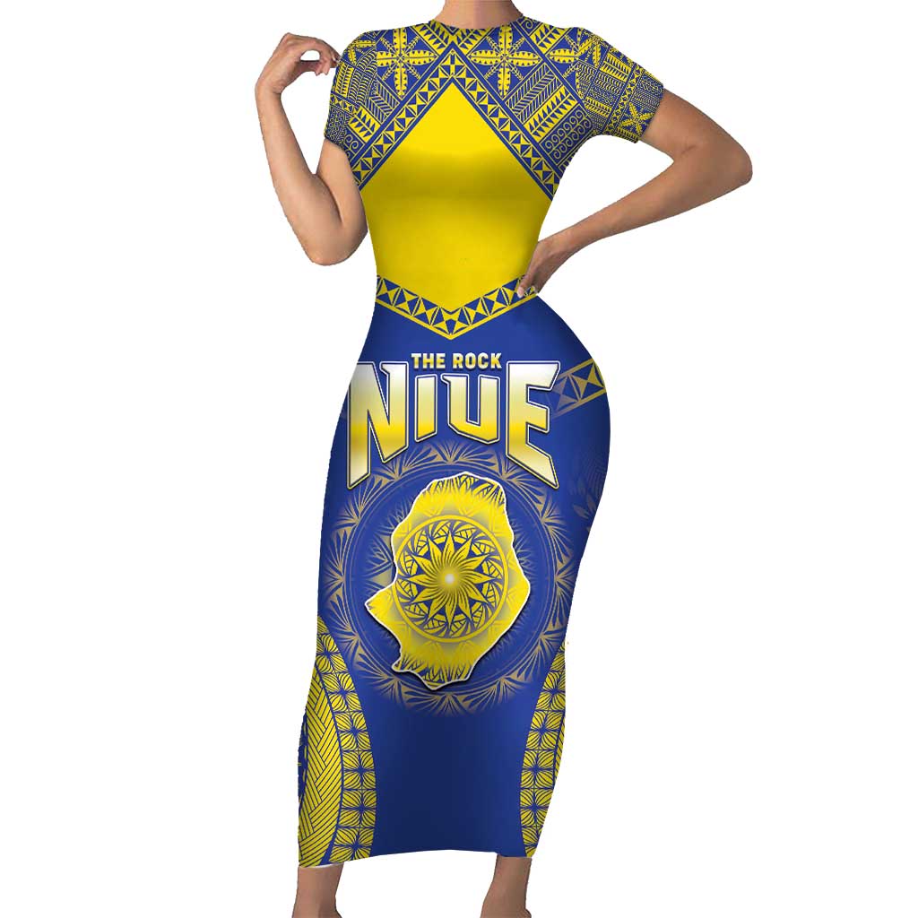 Personalised Niue The Rock Of Polynesia Short Sleeve Bodycon Dress Peniamina Gospel Day Blue Version LT05 Long Dress Blue - Polynesian Pride