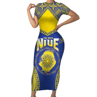 Personalised Niue The Rock Of Polynesia Short Sleeve Bodycon Dress Peniamina Gospel Day Blue Version LT05 Long Dress Blue - Polynesian Pride