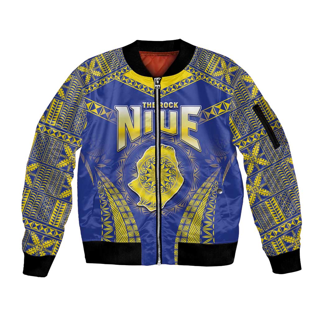 Personalised Niue The Rock Of Polynesia Sleeve Zip Bomber Jacket Peniamina Gospel Day Blue Version LT05 Unisex Blue - Polynesian Pride