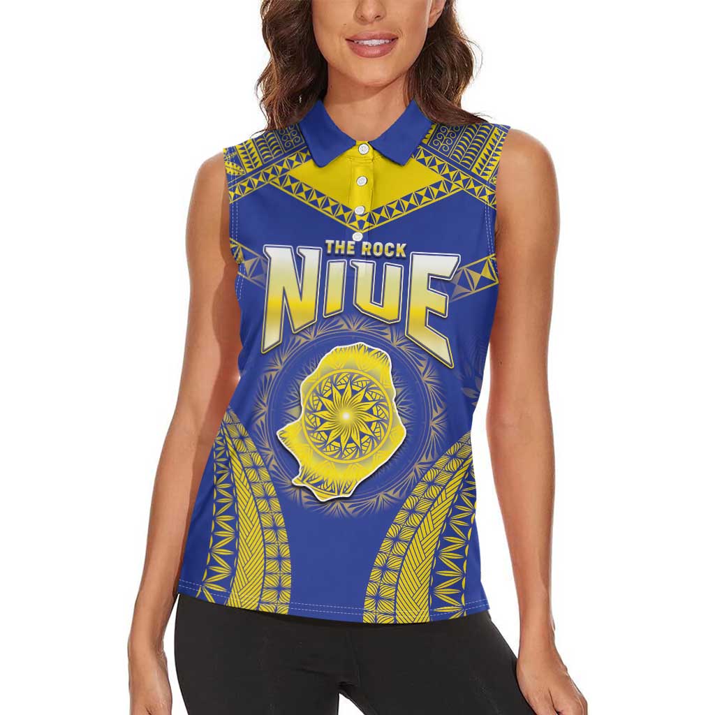 Personalised Niue The Rock Of Polynesia Women Sleeveless Polo Shirt Peniamina Gospel Day Blue Version LT05 - Polynesian Pride
