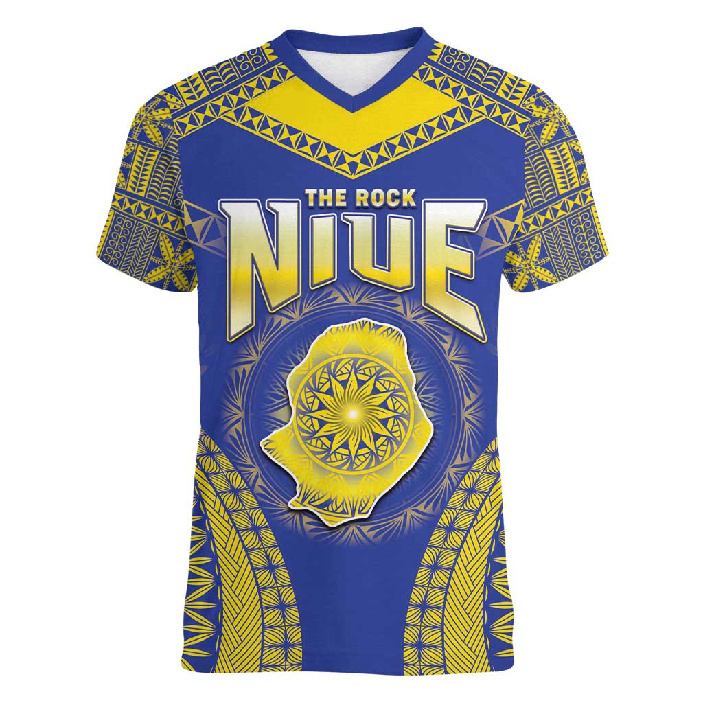 Personalised Niue The Rock Of Polynesia Women V-Neck T-Shirt Peniamina Gospel Day Blue Version LT05 Female Blue - Polynesian Pride
