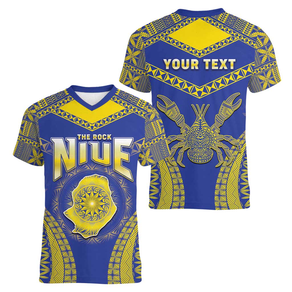 Personalised Niue The Rock Of Polynesia Women V-Neck T-Shirt Peniamina Gospel Day Blue Version LT05 - Polynesian Pride
