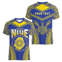 Personalised Niue The Rock Of Polynesia Women V-Neck T-Shirt Peniamina Gospel Day Blue Version LT05 - Polynesian Pride