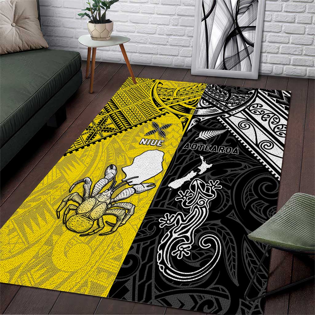 New Zealand Maori And Niue Hiapo Area Rug Lizard And Coconut Crab Together LT05 Yellow - Polynesian Pride