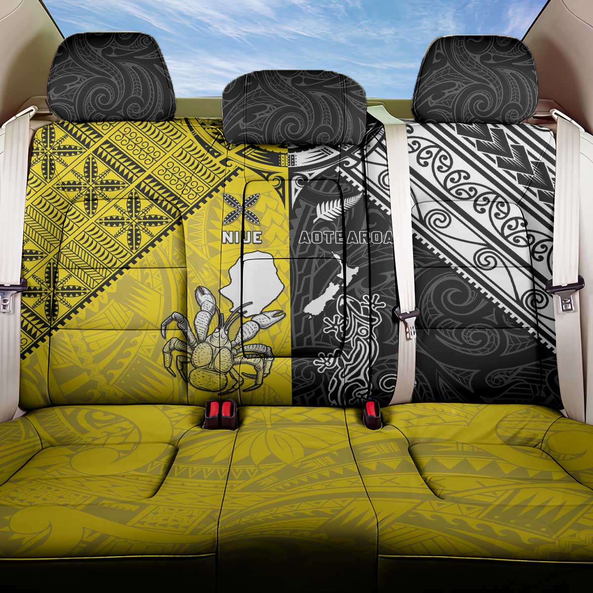 New Zealand Maori And Niue Hiapo Back Car Seat Cover Lizard And Coconut Crab Together LT05 One Size Yellow - Polynesian Pride