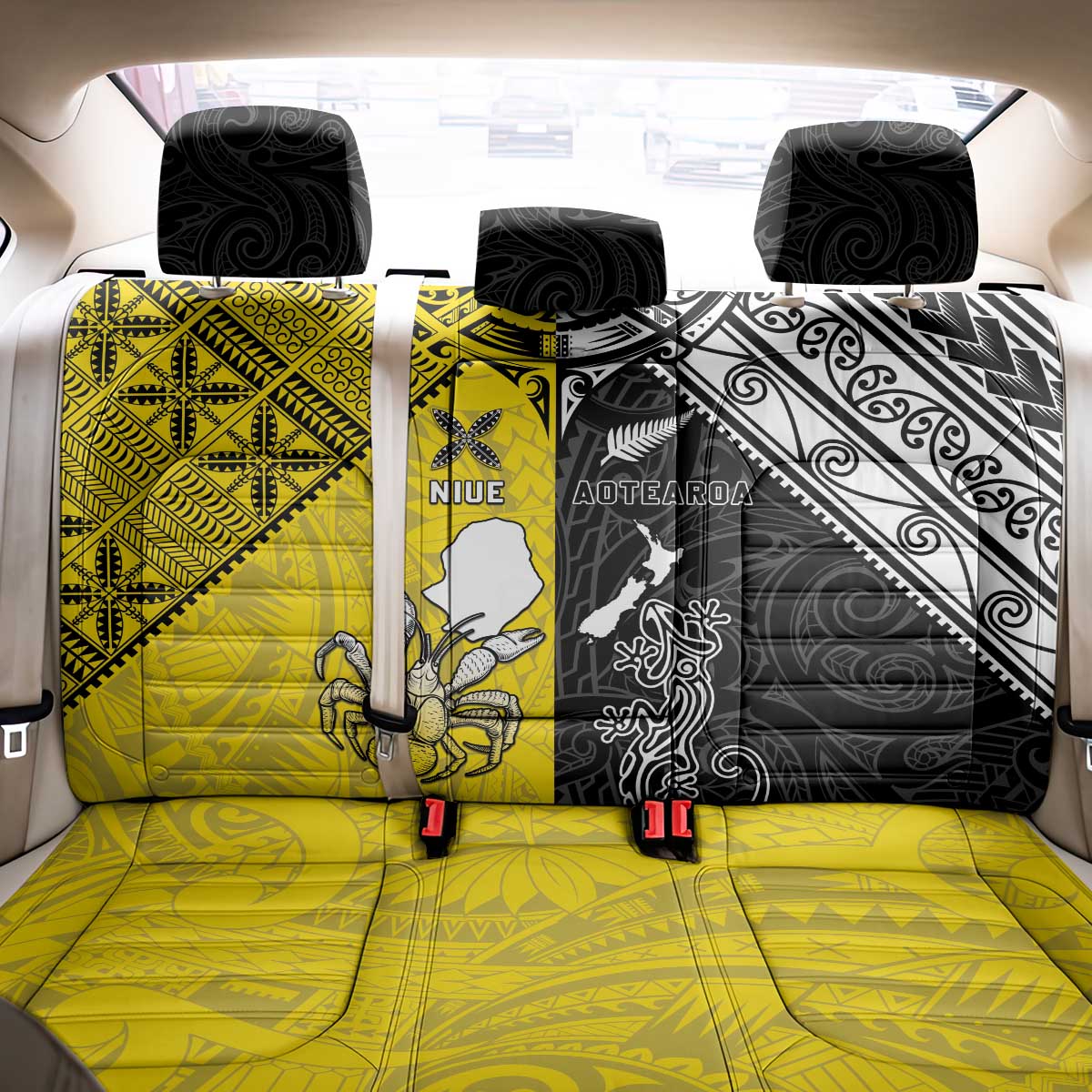 New Zealand Maori And Niue Hiapo Back Car Seat Cover Lizard And Coconut Crab Together LT05 - Polynesian Pride