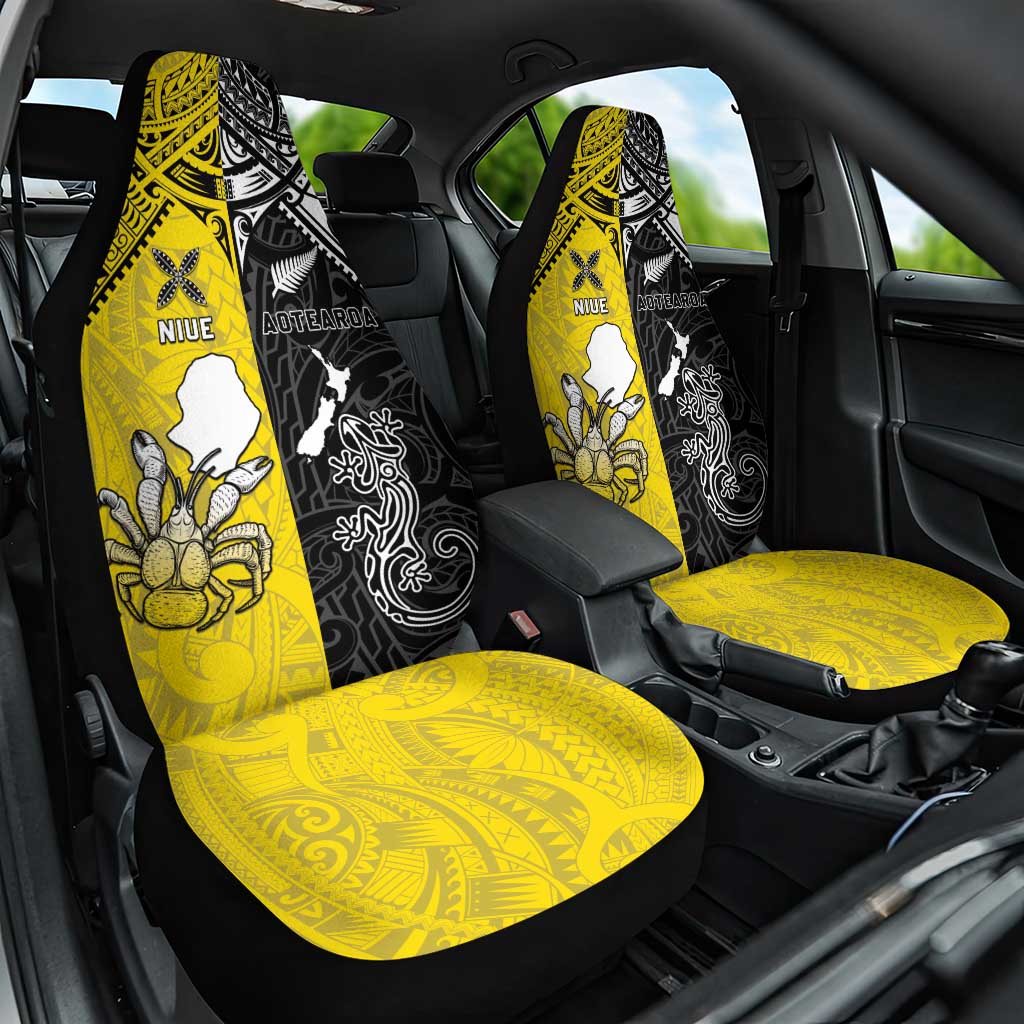 New Zealand Maori And Niue Hiapo Car Seat Cover Lizard And Coconut Crab Together LT05 One Size Yellow - Polynesian Pride