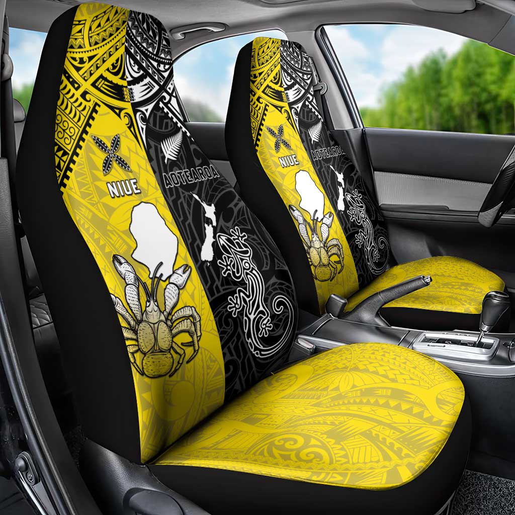 New Zealand Maori And Niue Hiapo Car Seat Cover Lizard And Coconut Crab Together LT05 - Polynesian Pride