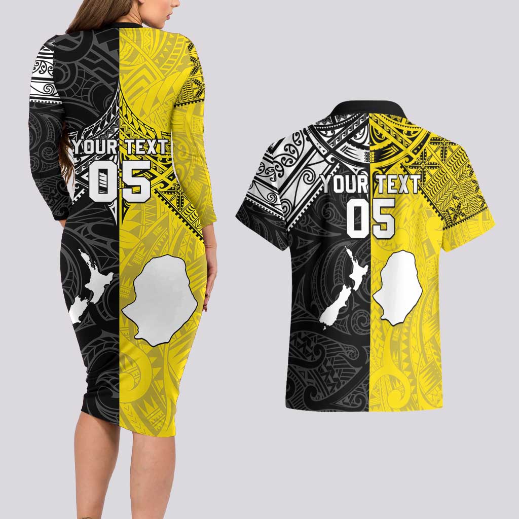Custom New Zealand Maori And Niue Hiapo Couples Matching Long Sleeve Bodycon Dress and Hawaiian Shirt Lizard And Coconut Crab Together LT05 - Polynesian Pride