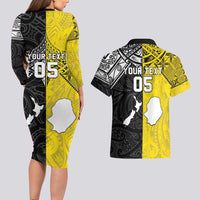 Custom New Zealand Maori And Niue Hiapo Couples Matching Long Sleeve Bodycon Dress and Hawaiian Shirt Lizard And Coconut Crab Together LT05 - Polynesian Pride