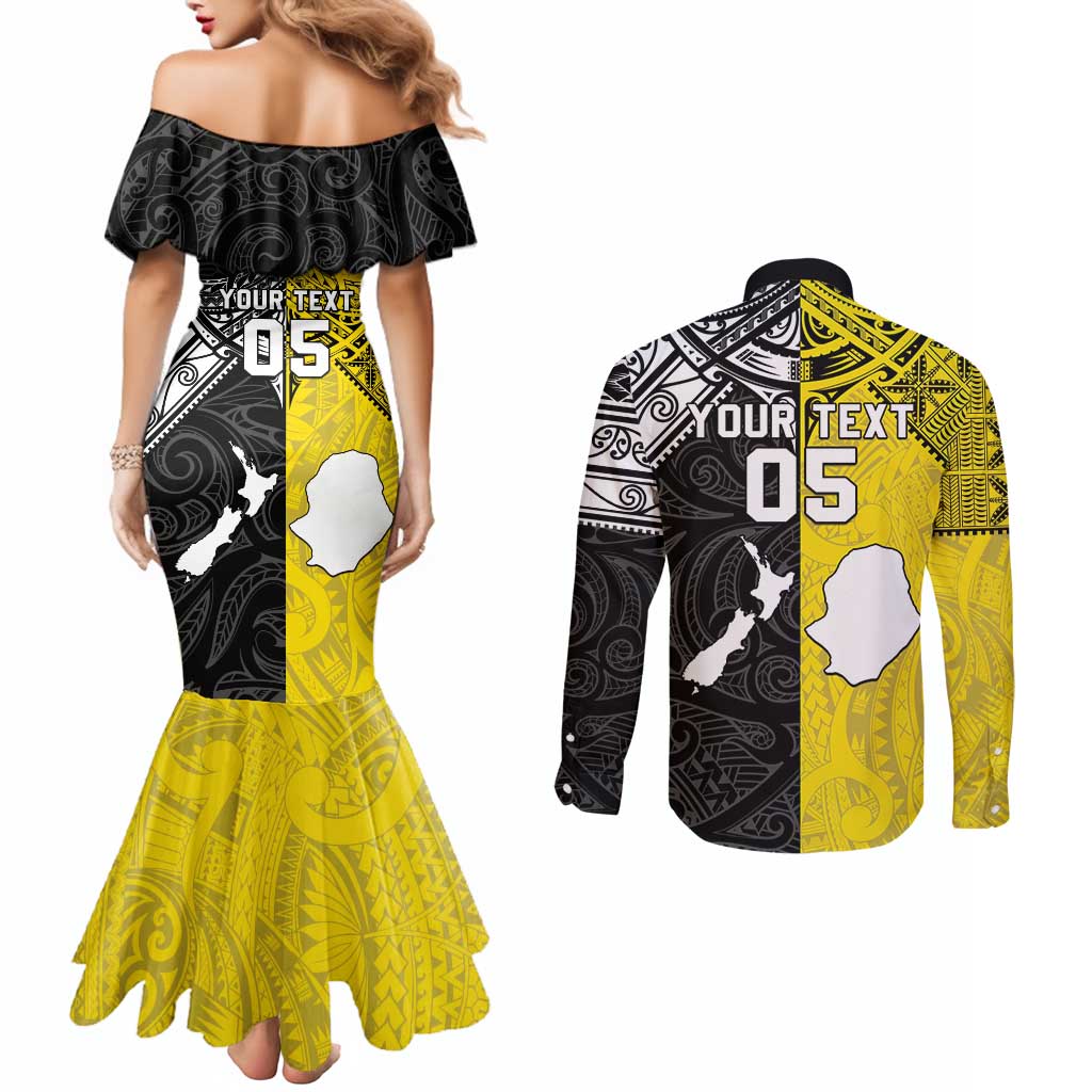 Custom New Zealand Maori And Niue Hiapo Couples Matching Mermaid Dress and Long Sleeve Button Shirt Lizard And Coconut Crab Together LT05 - Polynesian Pride