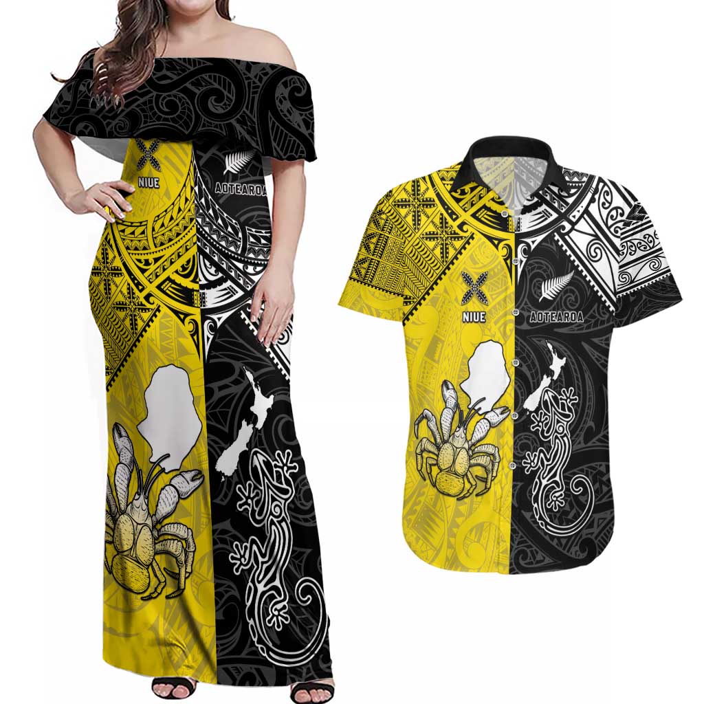 Custom New Zealand Maori And Niue Hiapo Couples Matching Off Shoulder Maxi Dress and Hawaiian Shirt Lizard And Coconut Crab Together LT05 Yellow - Polynesian Pride