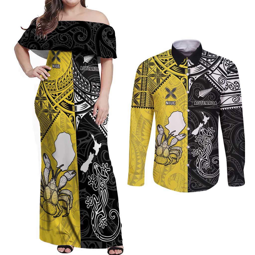 Custom New Zealand Maori And Niue Hiapo Couples Matching Off Shoulder Maxi Dress and Long Sleeve Button Shirt Lizard And Coconut Crab Together LT05 Yellow - Polynesian Pride