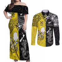 Custom New Zealand Maori And Niue Hiapo Couples Matching Off Shoulder Maxi Dress and Long Sleeve Button Shirt Lizard And Coconut Crab Together LT05 Yellow - Polynesian Pride