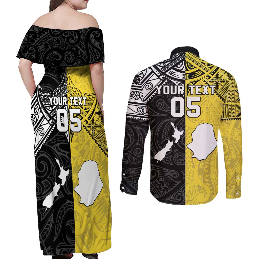 Custom New Zealand Maori And Niue Hiapo Couples Matching Off Shoulder Maxi Dress and Long Sleeve Button Shirt Lizard And Coconut Crab Together LT05 - Polynesian Pride