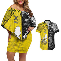 Custom New Zealand Maori And Niue Hiapo Couples Matching Off Shoulder Short Dress and Hawaiian Shirt Lizard And Coconut Crab Together LT05 Yellow - Polynesian Pride