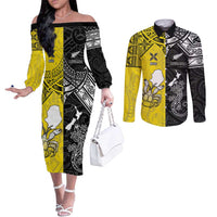 Custom New Zealand Maori And Niue Hiapo Couples Matching Off The Shoulder Long Sleeve Dress and Long Sleeve Button Shirt Lizard And Coconut Crab Together LT05 Yellow - Polynesian Pride