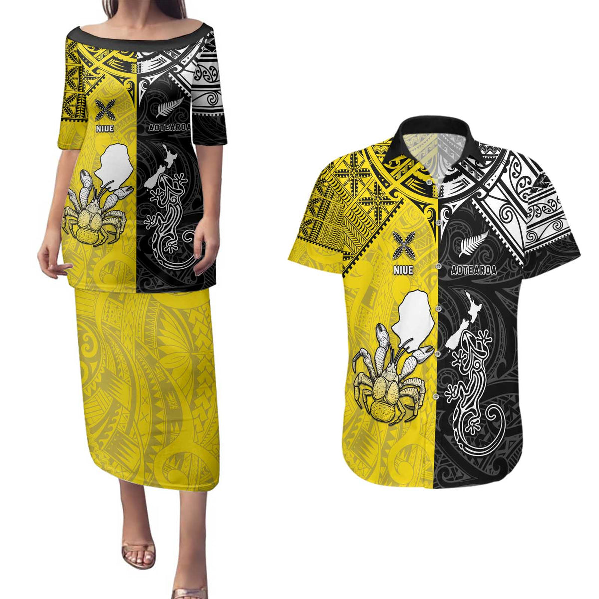 Custom New Zealand Maori And Niue Hiapo Couples Matching Puletasi and Hawaiian Shirt Lizard And Coconut Crab Together LT05 Yellow - Polynesian Pride