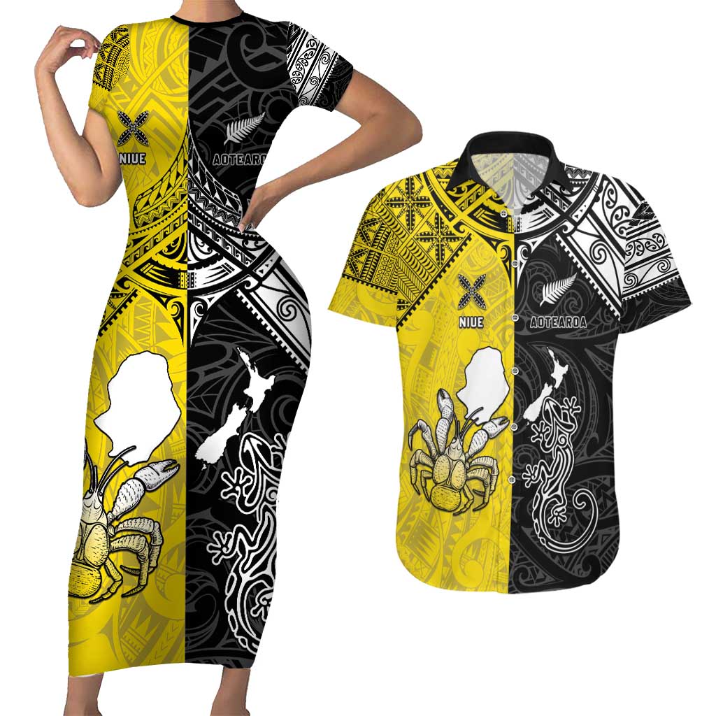 Custom New Zealand Maori And Niue Hiapo Couples Matching Short Sleeve Bodycon Dress and Hawaiian Shirt Lizard And Coconut Crab Together LT05 Yellow - Polynesian Pride