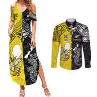 Custom New Zealand Maori And Niue Hiapo Couples Matching Summer Maxi Dress and Long Sleeve Button Shirt Lizard And Coconut Crab Together LT05 Yellow - Polynesian Pride