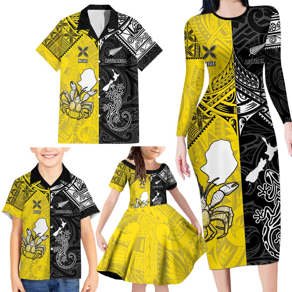 Custom New Zealand Maori And Niue Hiapo Family Matching Long Sleeve Bodycon Dress and Hawaiian Shirt Lizard And Coconut Crab Together LT05 - Polynesian Pride