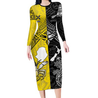 Custom New Zealand Maori And Niue Hiapo Family Matching Long Sleeve Bodycon Dress and Hawaiian Shirt Lizard And Coconut Crab Together LT05 Mom's Dress Yellow - Polynesian Pride