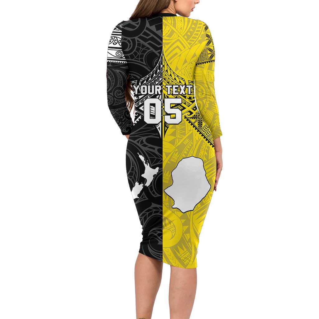 Custom New Zealand Maori And Niue Hiapo Family Matching Long Sleeve Bodycon Dress and Hawaiian Shirt Lizard And Coconut Crab Together LT05 - Polynesian Pride