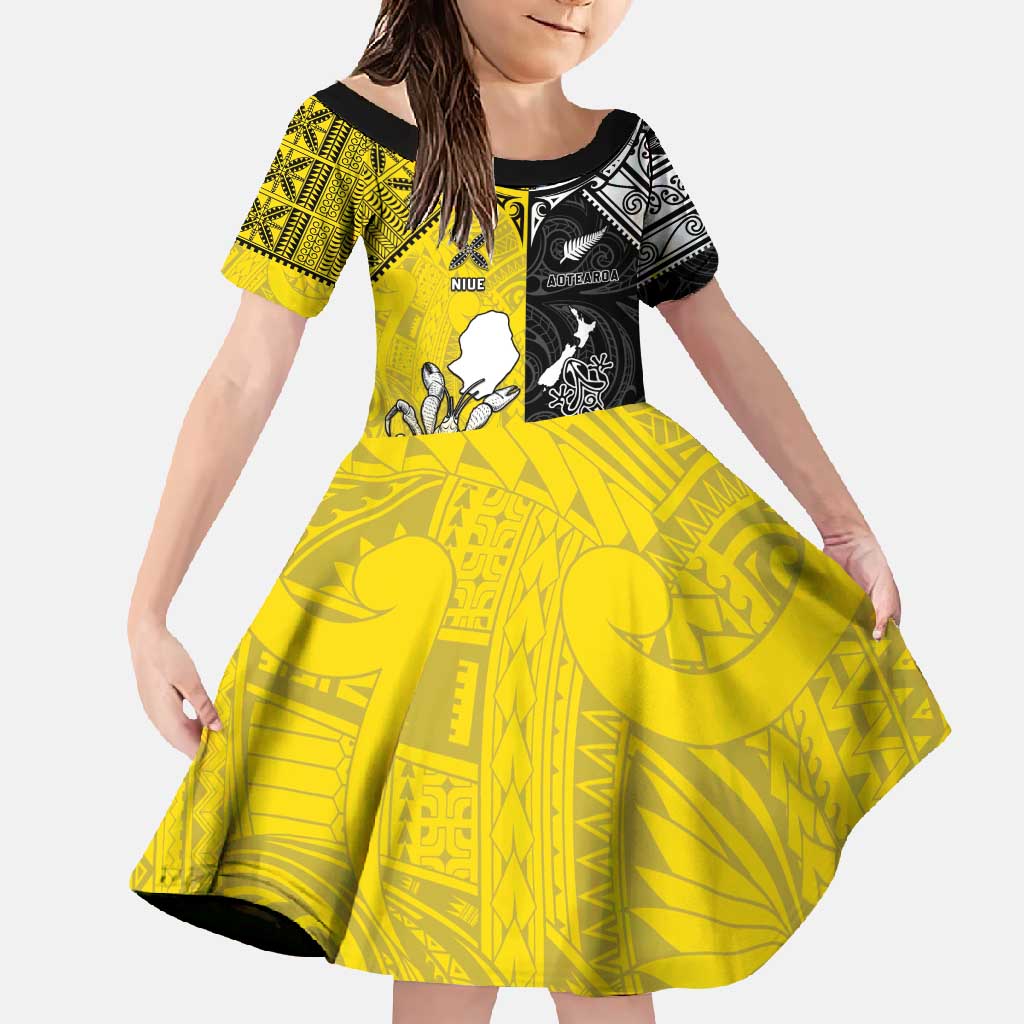 Custom New Zealand Maori And Niue Hiapo Family Matching Mermaid Dress and Hawaiian Shirt Lizard And Coconut Crab Together LT05 Daughter's Dress Yellow - Polynesian Pride