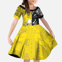 Custom New Zealand Maori And Niue Hiapo Family Matching Mermaid Dress and Hawaiian Shirt Lizard And Coconut Crab Together LT05 Daughter's Dress Yellow - Polynesian Pride