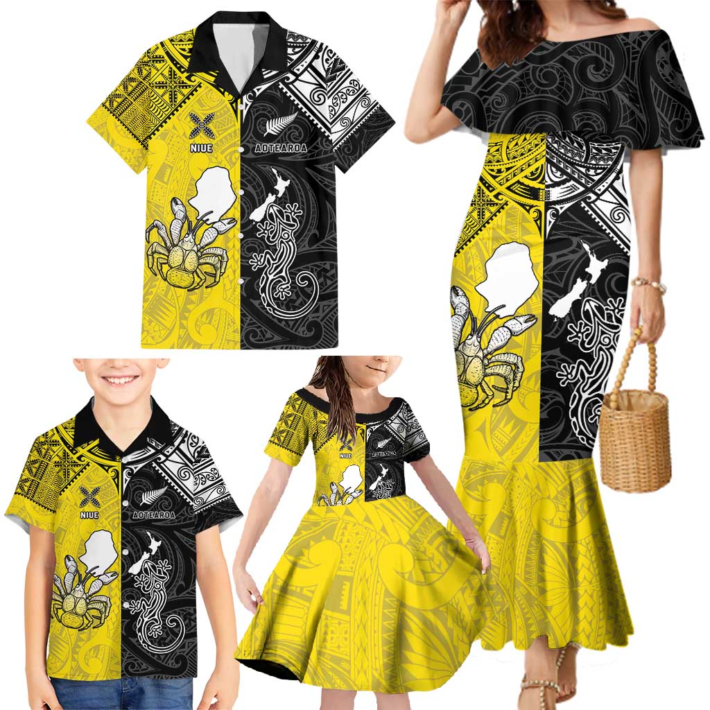 Custom New Zealand Maori And Niue Hiapo Family Matching Mermaid Dress and Hawaiian Shirt Lizard And Coconut Crab Together LT05 - Polynesian Pride