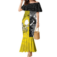 Custom New Zealand Maori And Niue Hiapo Family Matching Mermaid Dress and Hawaiian Shirt Lizard And Coconut Crab Together LT05 Mom's Dress Yellow - Polynesian Pride