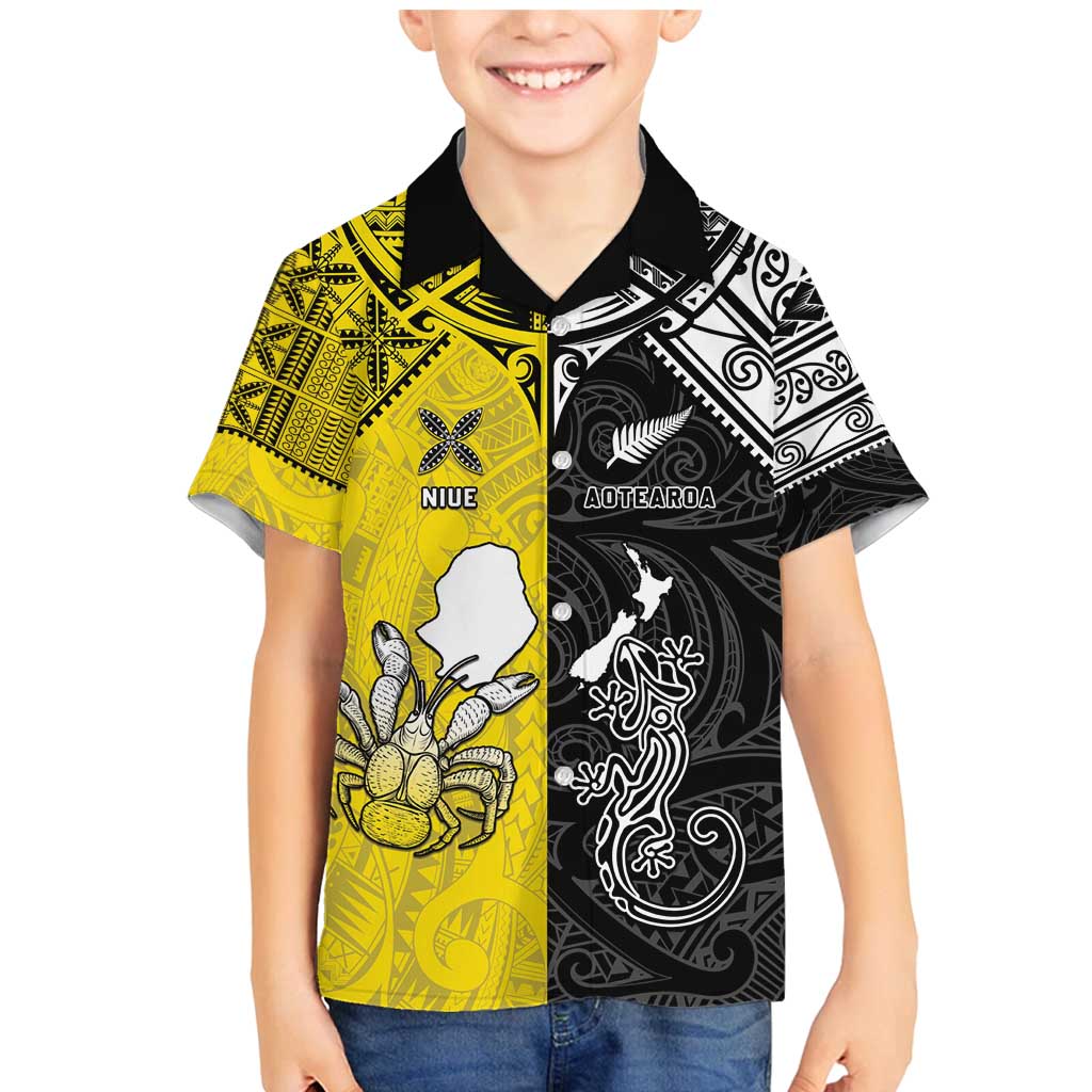 Custom New Zealand Maori And Niue Hiapo Family Matching Mermaid Dress and Hawaiian Shirt Lizard And Coconut Crab Together LT05 Son's Shirt Yellow - Polynesian Pride